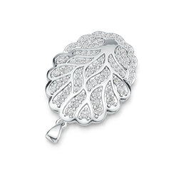 Silver leaf-shaped pendant with clear stones on a white background