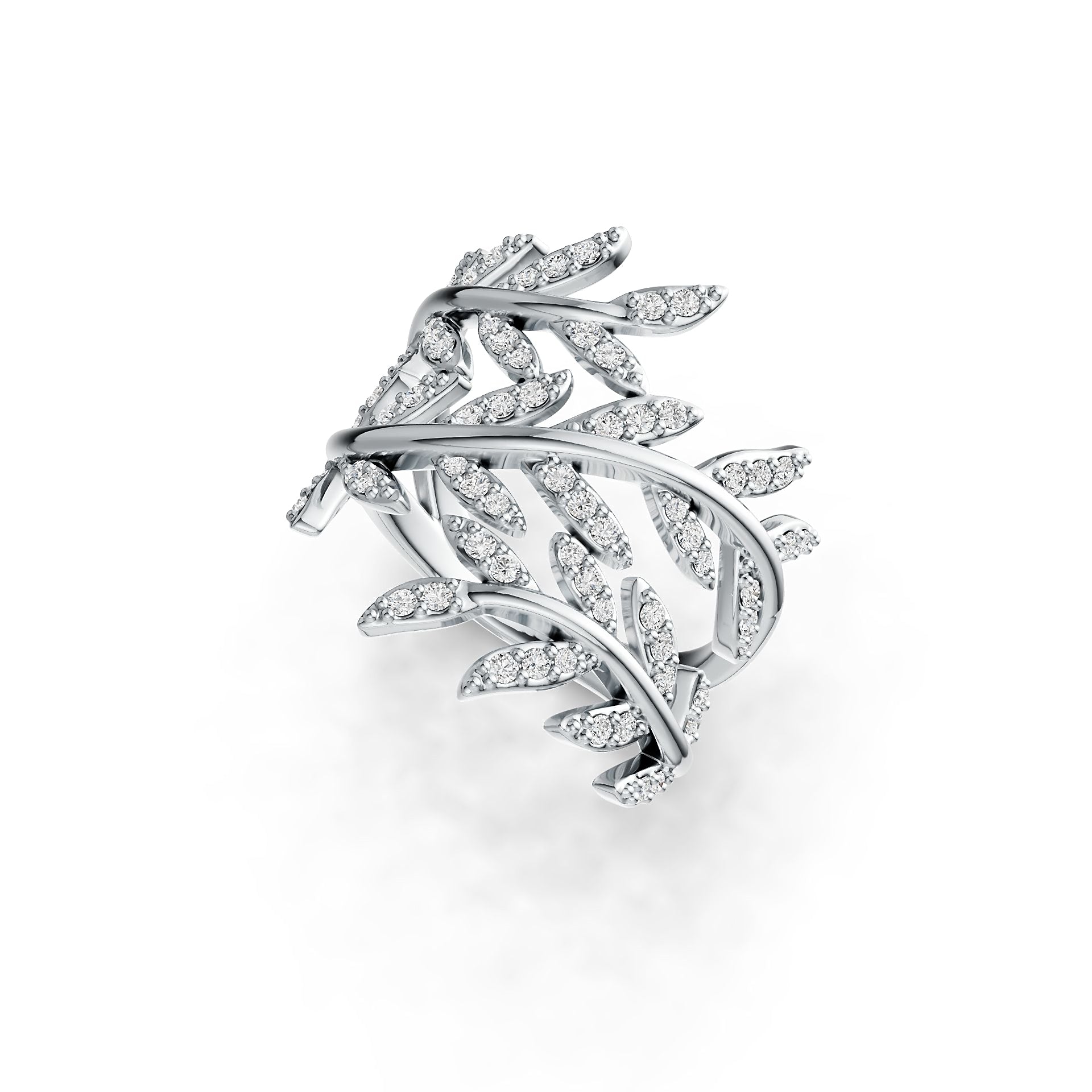Sterling Silver Ring with White Topaz or Moissanite Leaf-and-Vine Theme Bypass DHJ
