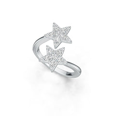 Sterling Silver Ring Double Star Theme Open Cuff with White Topaz or Moissanite DHJ