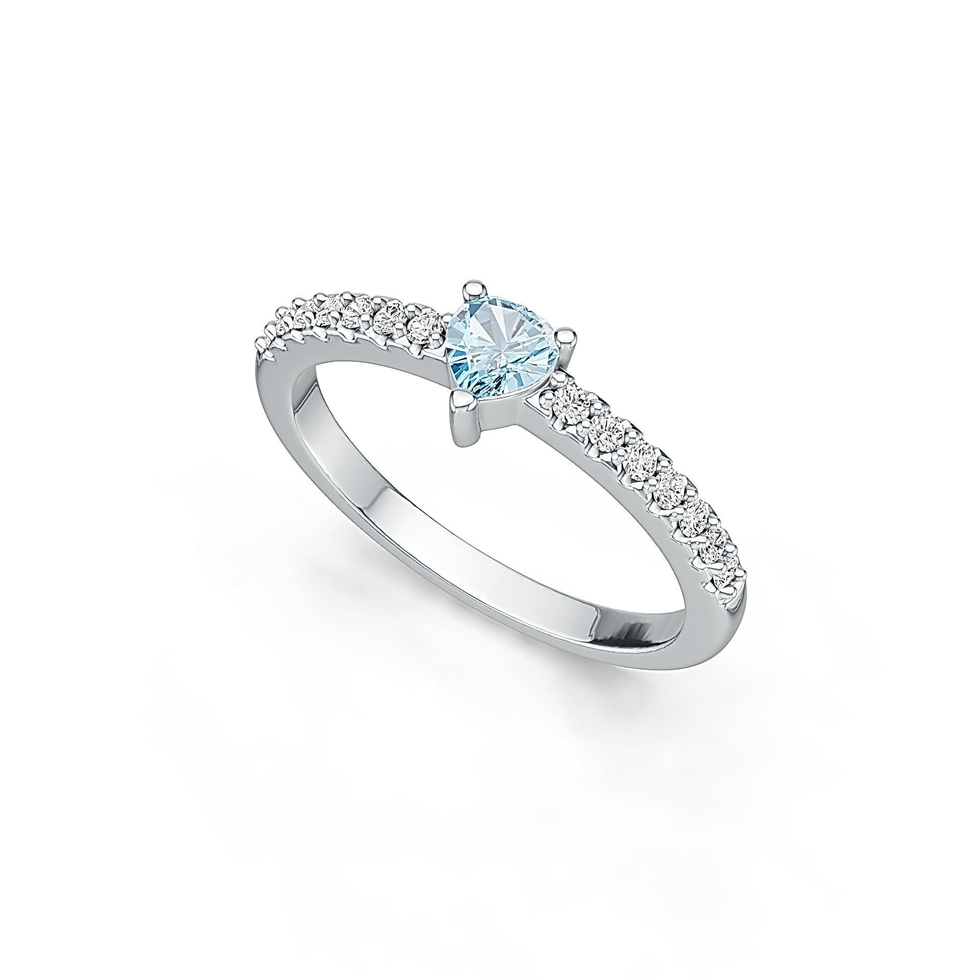 Silver ring with a central blue gemstone and smaller diamonds on a white background