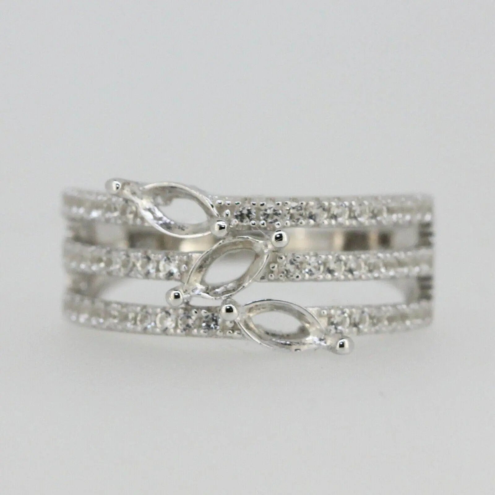 10K Gold Semi Mount Ring Setting Marquise MQ 6X3mm 3 Stone Moissanite Accent DHJ