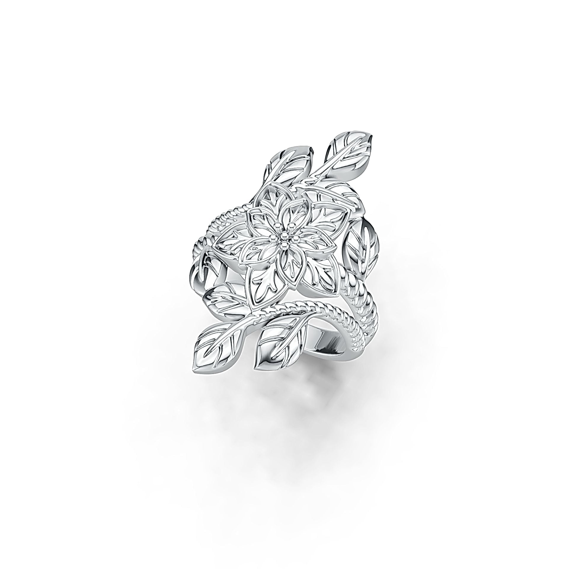 Sterling Silver Ring Flower with Leaves Theme Nature-Inspired DHJ