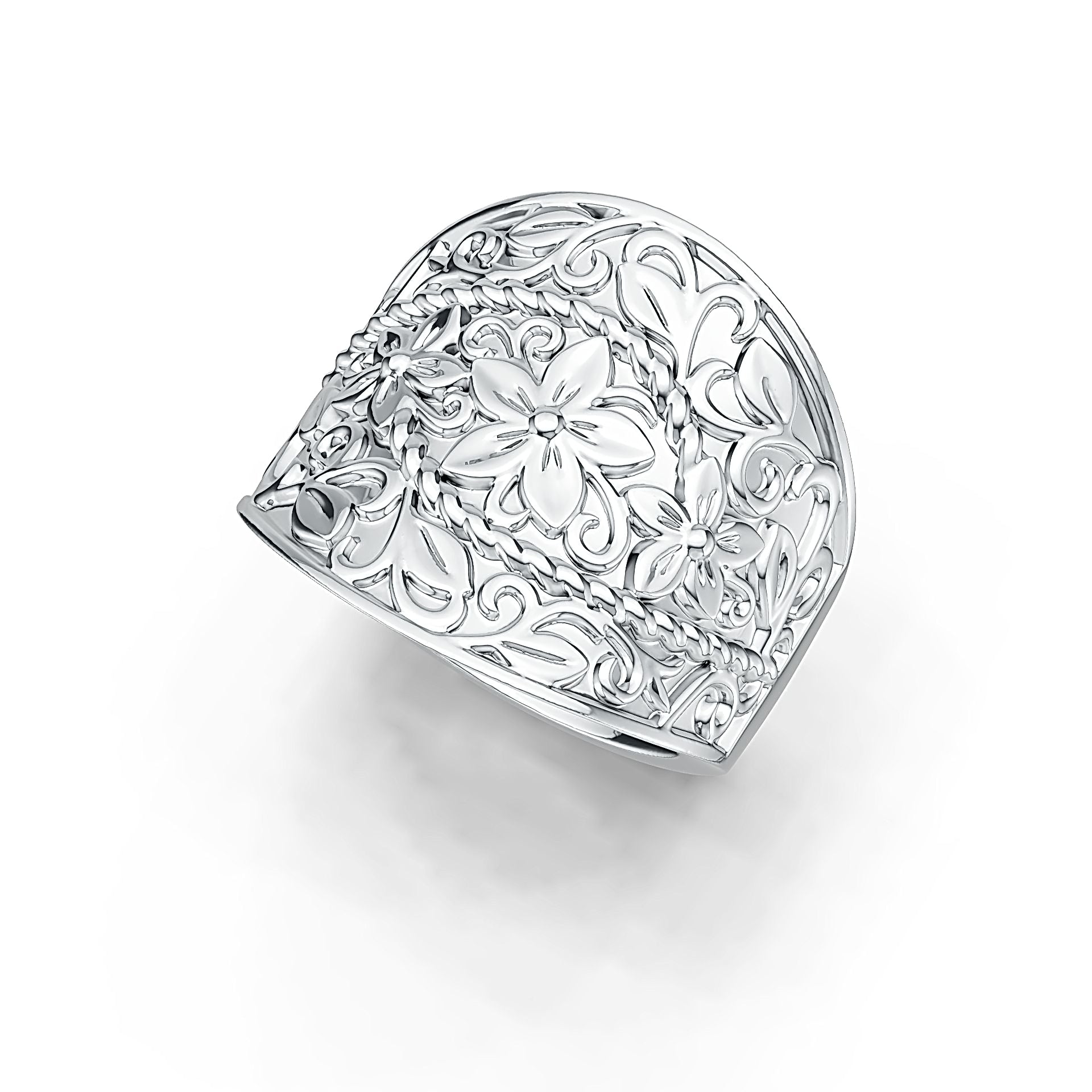 Sterling Silver Ring Wide Floral Filigree Theme DHJ