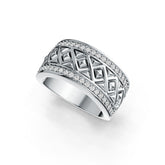 Sterling Silver Ring with White Topaz or Moissanite Wide Band Geometric DHJ