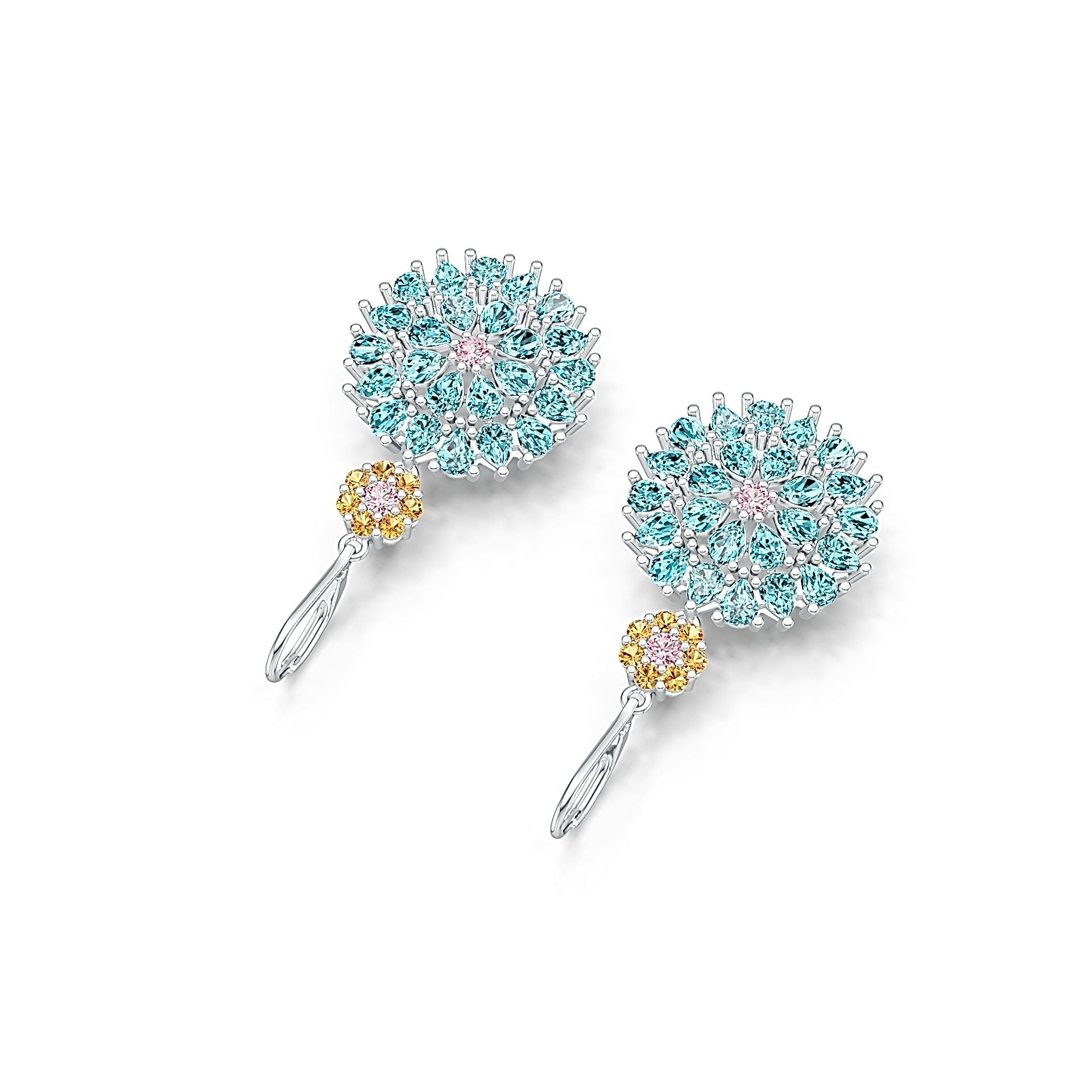 14K Gold Cluster Dangling Earrings with White Topaz or Moissanite Diamond Accent DHJ