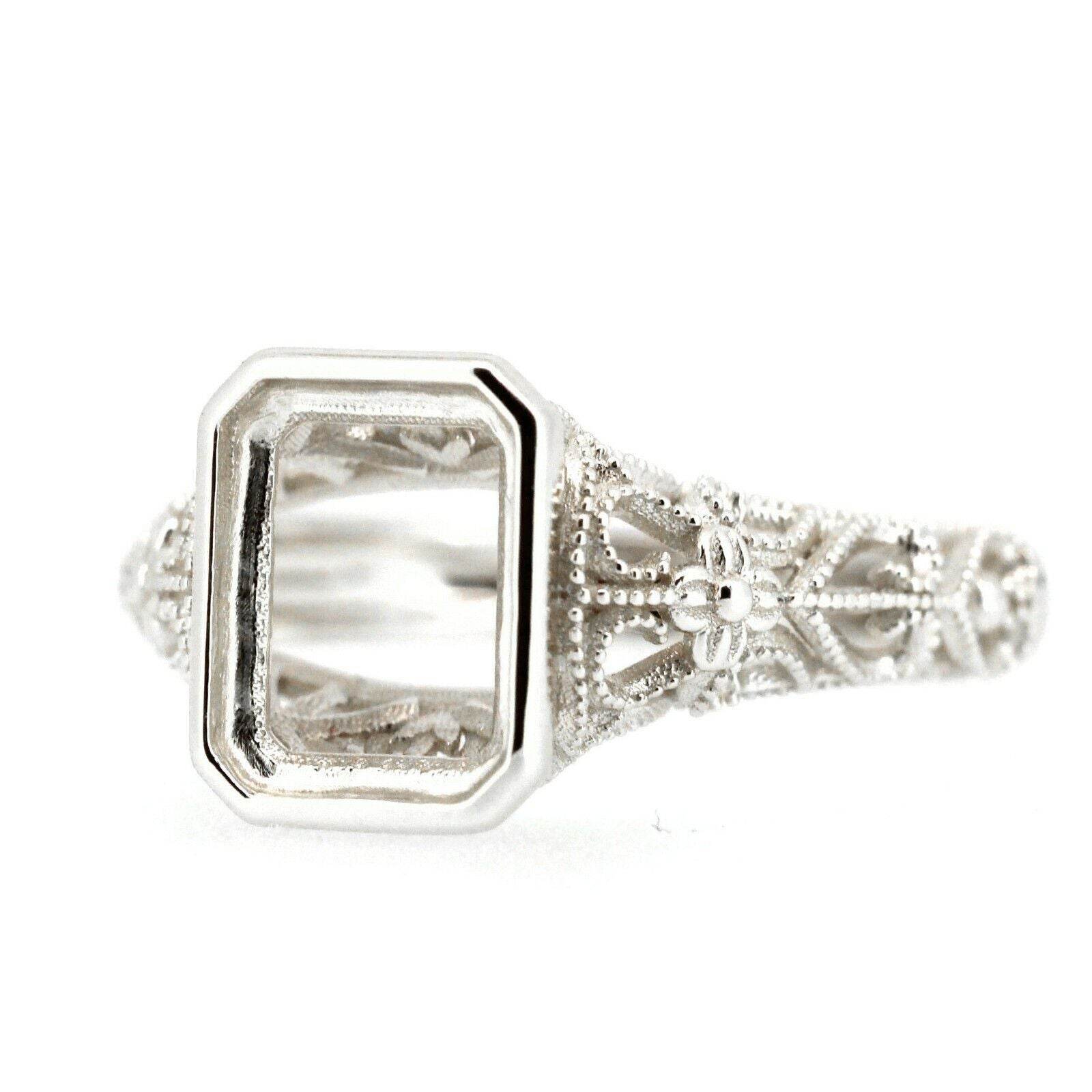 Art Deco Style Platinum Semi Mount Ring Setting Cushion OCT 9x7mm Full Bezel Syzjewelry