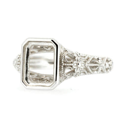 Art Deco Style Platinum Semi Mount Ring Setting Cushion OCT 9x7mm Full Bezel Syzjewelry
