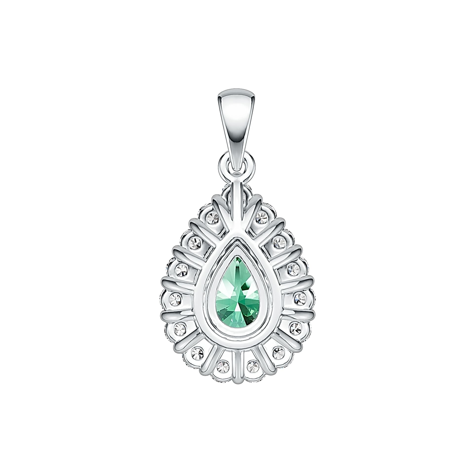 Silver pendant with a green gemstone on a white background