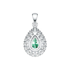 Silver pendant with a green gemstone on a white background