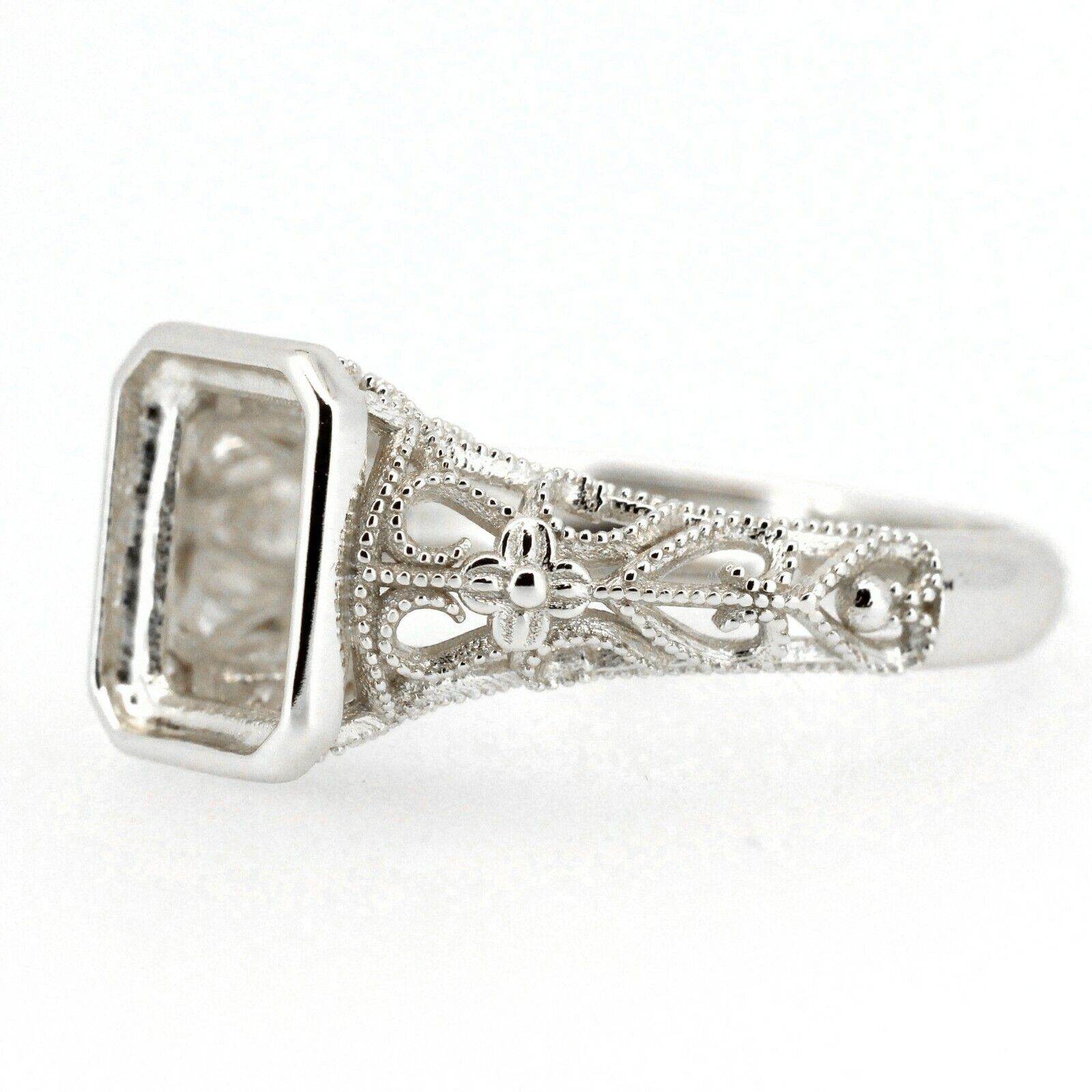 Art Deco Style Platinum Semi Mount Ring Setting Cushion OCT 9x7mm Full Bezel Syzjewelry