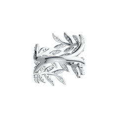 Sterling Silver Ring with White Topaz or Moissanite Leaf-and-Vine Theme Bypass DHJ