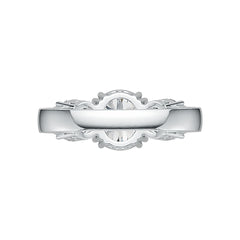 Close-up of sterling silver semi mount ring, round 9mm center with twin 6.2mm side stone setting
