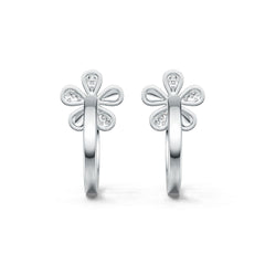 Sterling Silver Hoop Earrings with White Topaz or Moissanite Flower Theme Syzjewelry