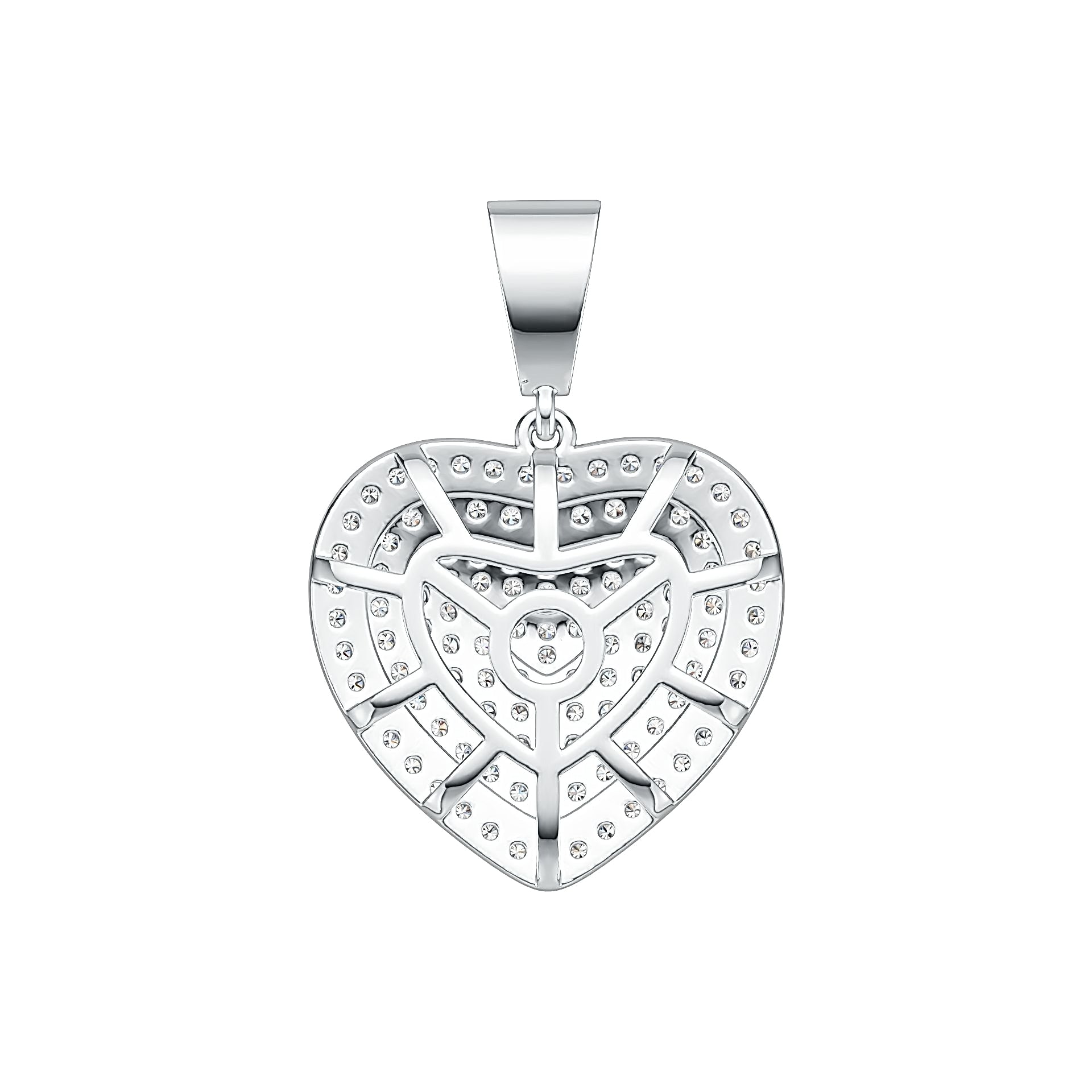 Silver heart-shaped pendant with intricate design on a white background