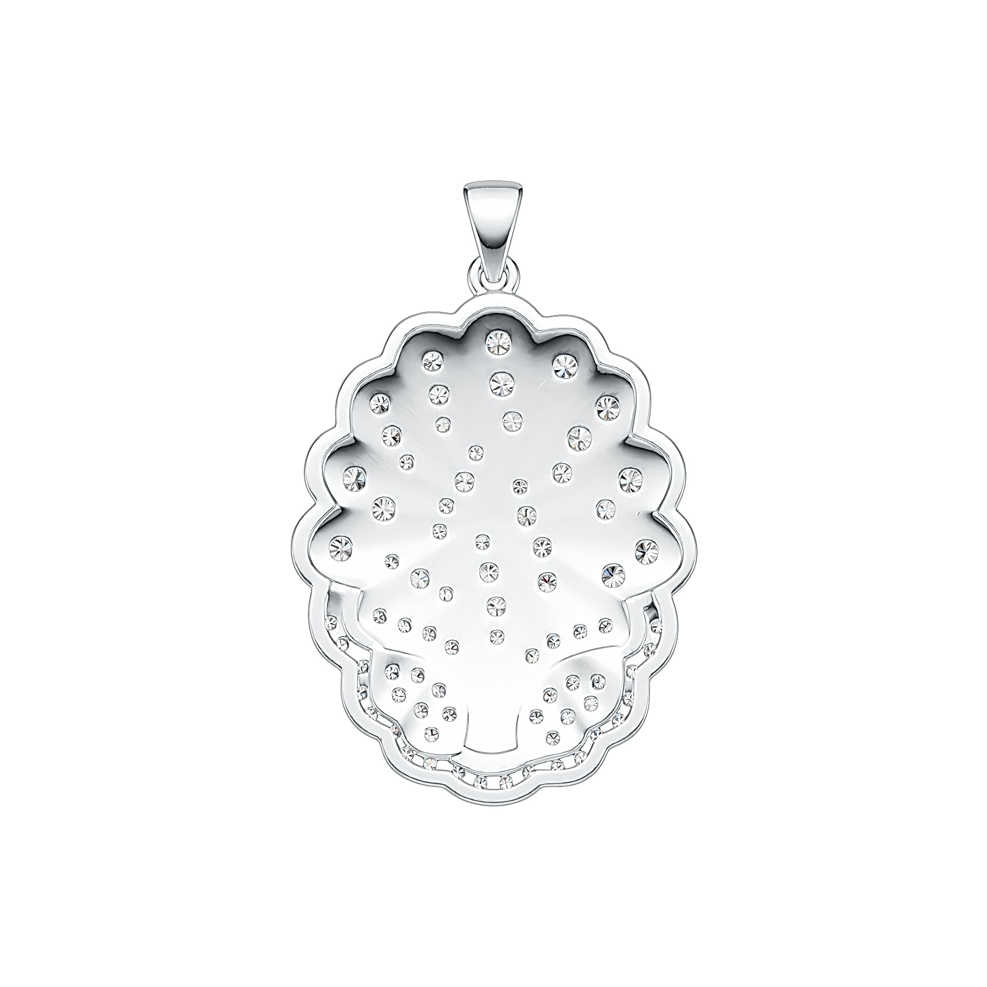 Silver pendant with diamond accents on a white background