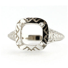 Art Deco Style 18K Gold Semi Mount Ring Setting Cushion CU 7x7mm Syzjewelry