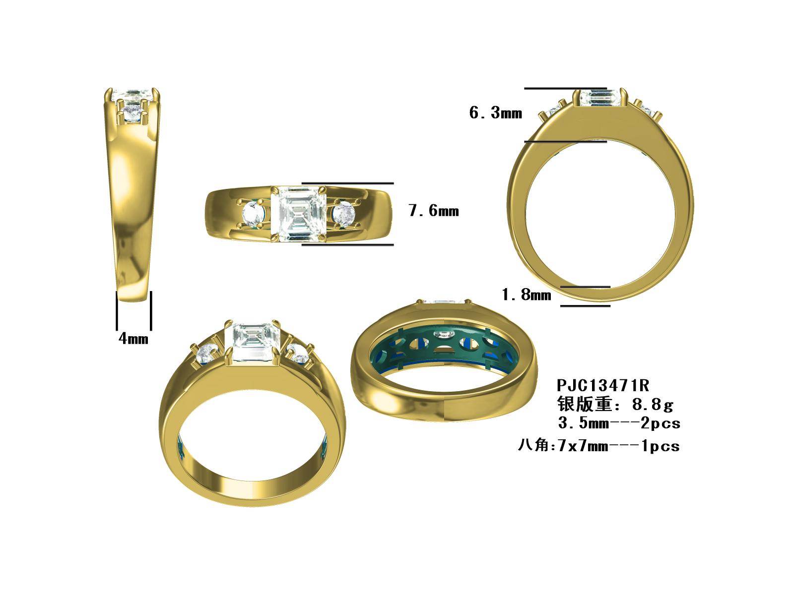 Men's 18K Gold Semi Mount Ring Setting Princess SQ 7X7mm RD 3.5mm 3-Stone Diamond Accent DHJ