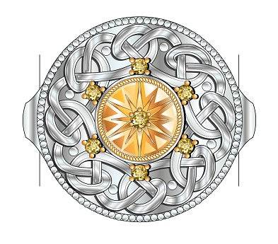 18K Gold Ring Starburst Celtic Knot Compass Theme Diamond Accent DHJ