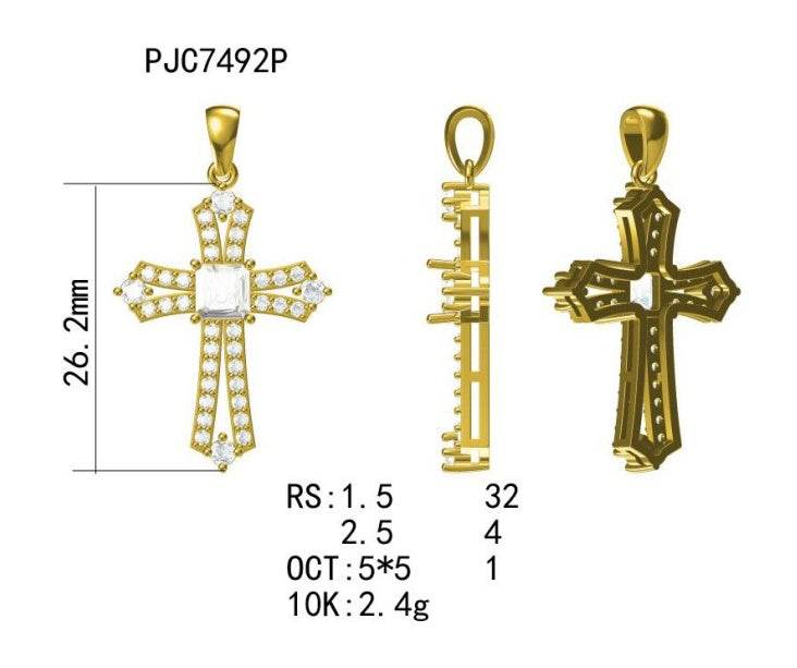 10K Gold Semi Mount Pendant Setting Emerald OCT 5X5mm Cross Theme Moissanite Accent DHJ