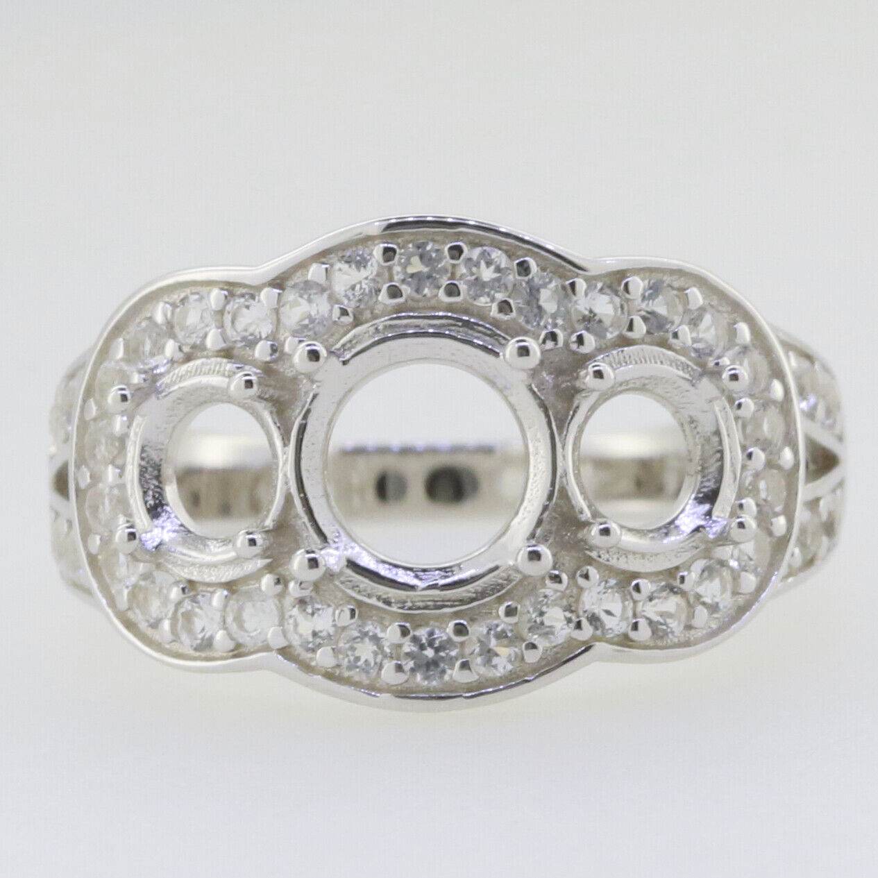 10K Gold Semi Mount Ring Setting Round RD 7x7 RD 5x5mm 3 Stones Halo Moissanite Accent Syzjewelry