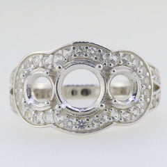 14K Gold Semi Mount Ring Setting Round RD 7x7 RD 5x5mm 3 Stones Halo Diamond Accent Syzjewelry