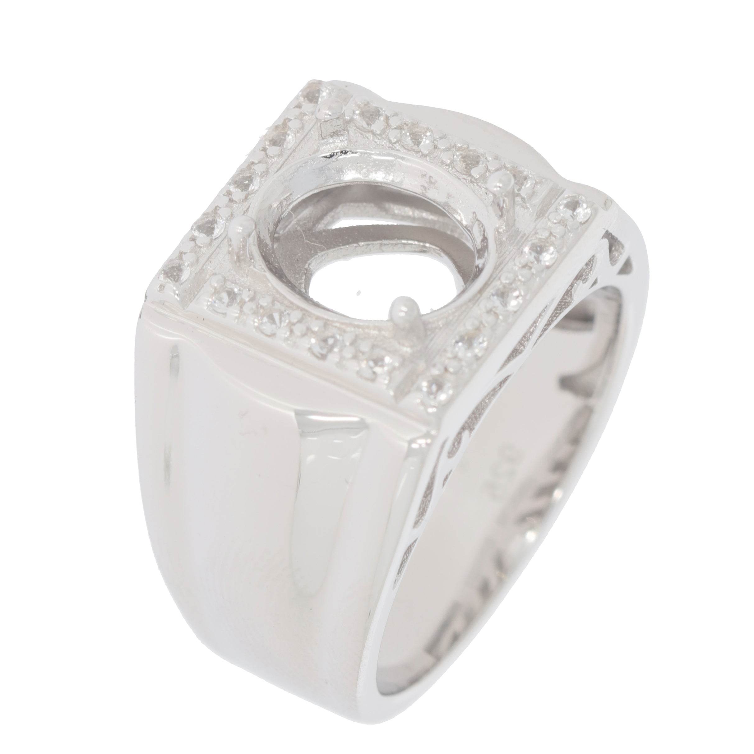 Men's Sterling Silver Semi Mount Ring Setting OV 10X8mm Halo Accent - Syzjewelry