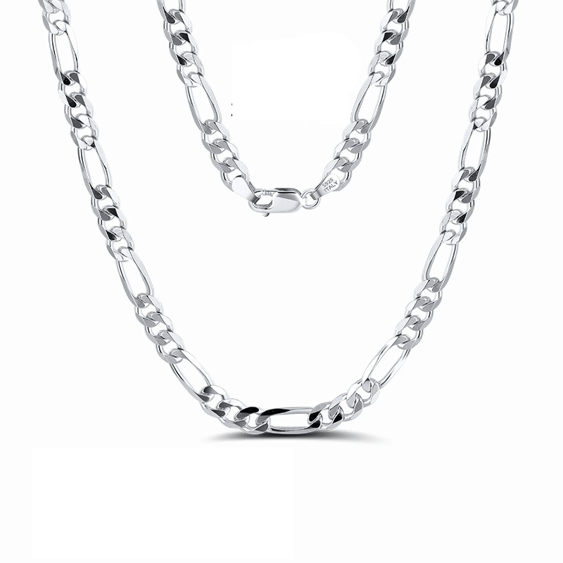 Sterling silver Figaro chain necklace available in multiple lengths: 16" to 24". Solid 925 metal design.