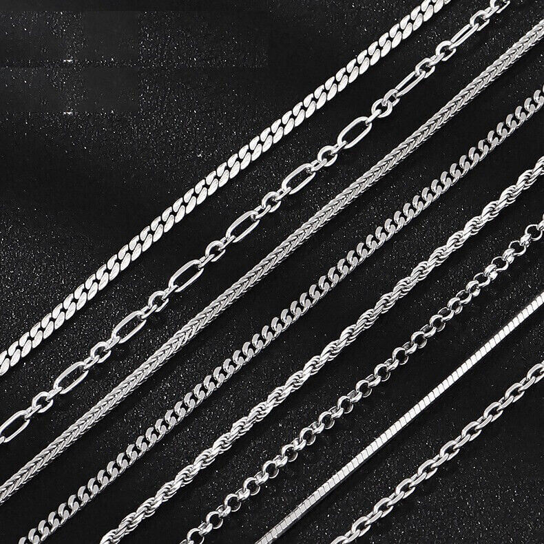 Various styles of silver sterling Figaro chain necklaces in 925 quality, showcasing elegant designs for jewelry lovers.