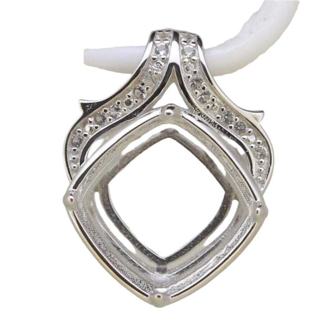 Sterling Silver Semi Mount Pendant Setting Cushion Cu 13x13mm Halo Diagonal - Syzjewelry