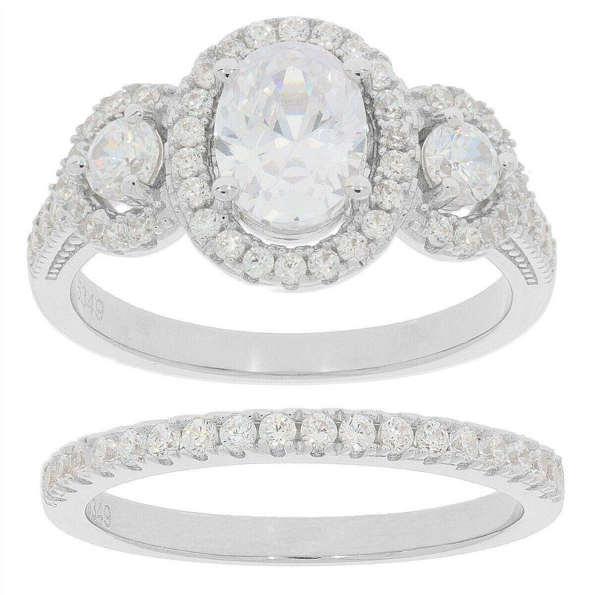 2 PC Set Sterling Silver Semi Mount Ring Setting Oval OV 8x6mm RD 3x3mm 3 stones Halo Bridal Ring - Syzjewelry