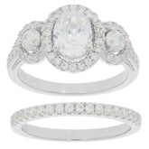 2 PC Set Sterling Silver Semi Mount Ring Setting Oval OV 8x6mm RD 3x3mm 3 stones Halo Bridal Ring - Syzjewelry