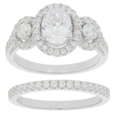 2 PC Set Sterling Silver Semi Mount Ring Setting Oval OV 8x6mm RD 3x3mm 3 stones Halo Bridal Ring - Syzjewelry