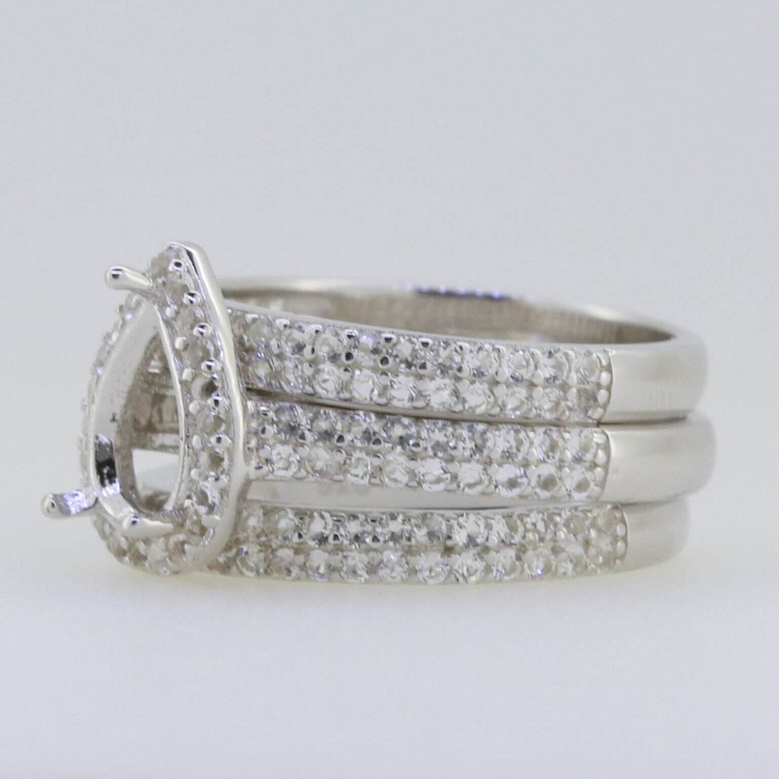 3 piece Set Sterling Silver Semi Mount Ring Setting Pear PE 9x7mm Whi - Syzjewelry