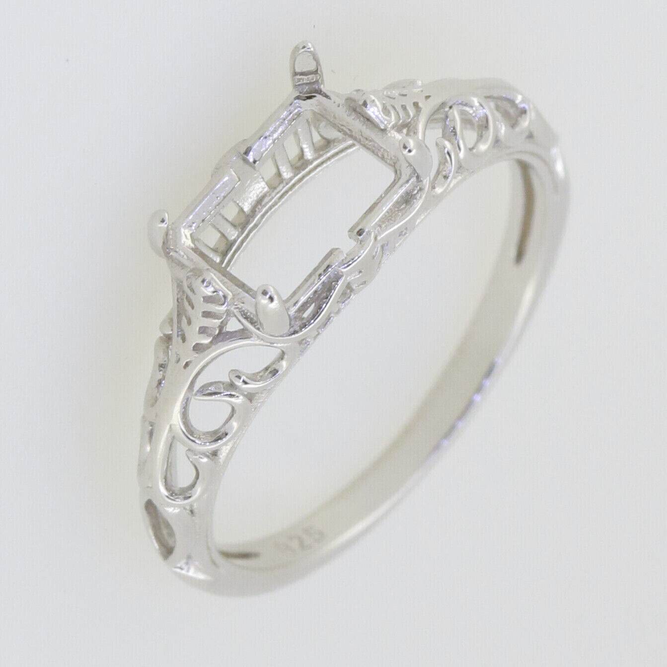 Sterling Silver Semi Mount Ring Setting Emerald OCT 8x6mm Art Deco Filigree - Syzjewelry