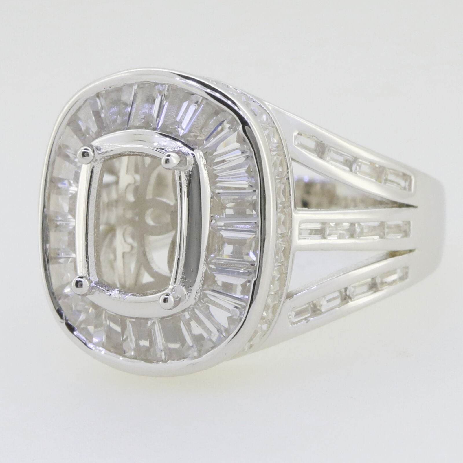 Sterling Silver Semi Mount Ring Setting Cushion CU 9x7mm Channel Baguette Ha - Syzjewelry