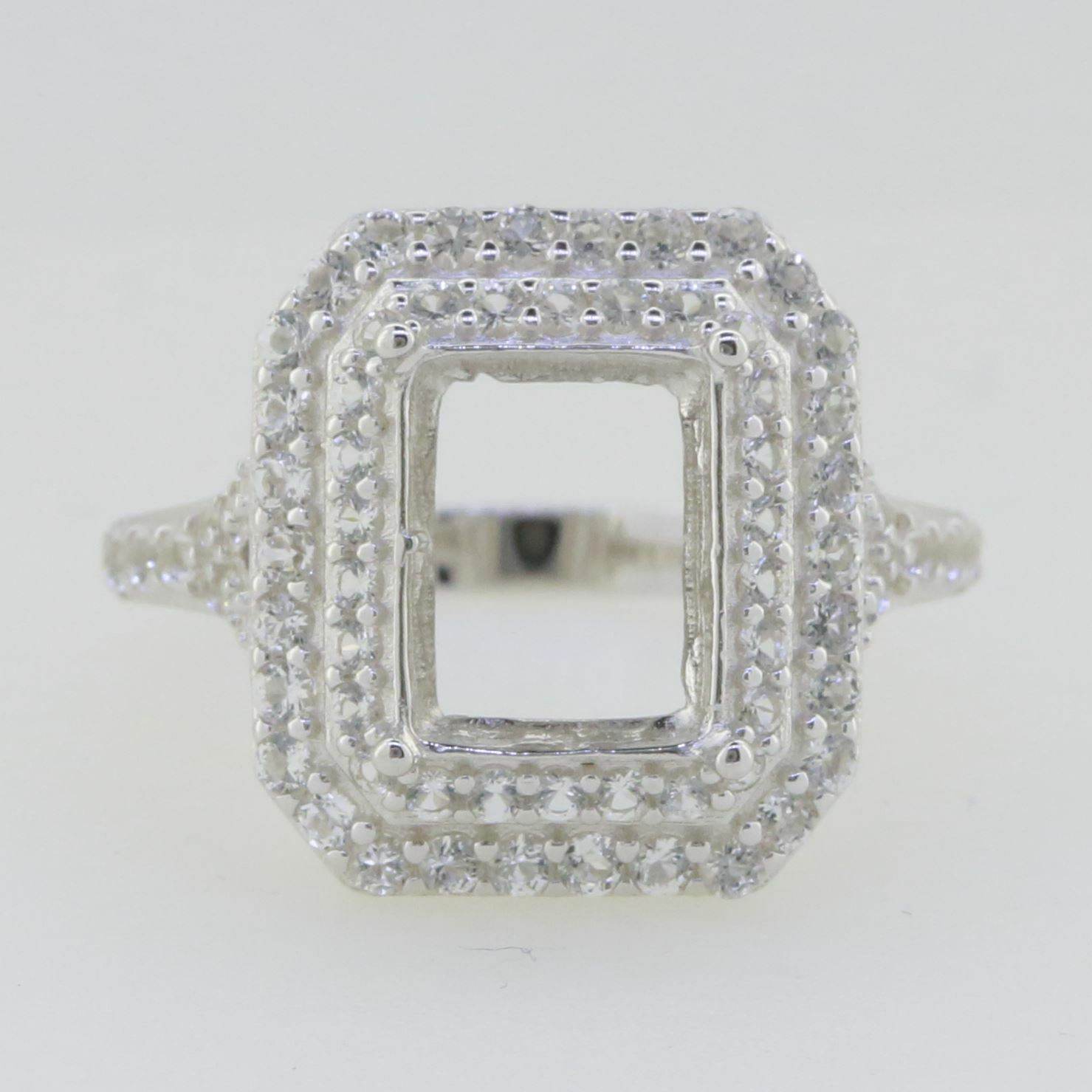 Sterling Silver Semi Mount Ring Setting Emerald OCT 10x8mm Double Halo - Syzjewelry