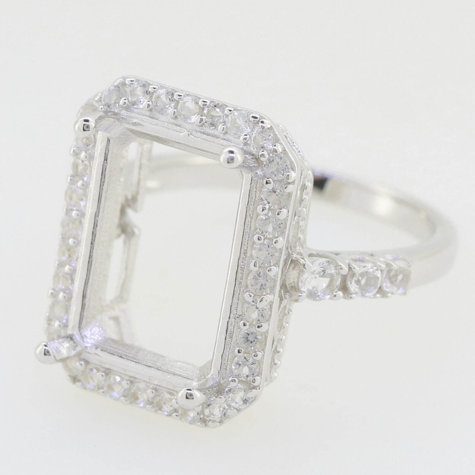 Sterling Silver Semi Mount Ring Setting Emerald OCT 14x10mm Halo White Topaz - Syzjewelry