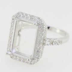 Sterling Silver Semi Mount Ring Setting Emerald OCT 14x10mm Halo White Topaz - Syzjewelry