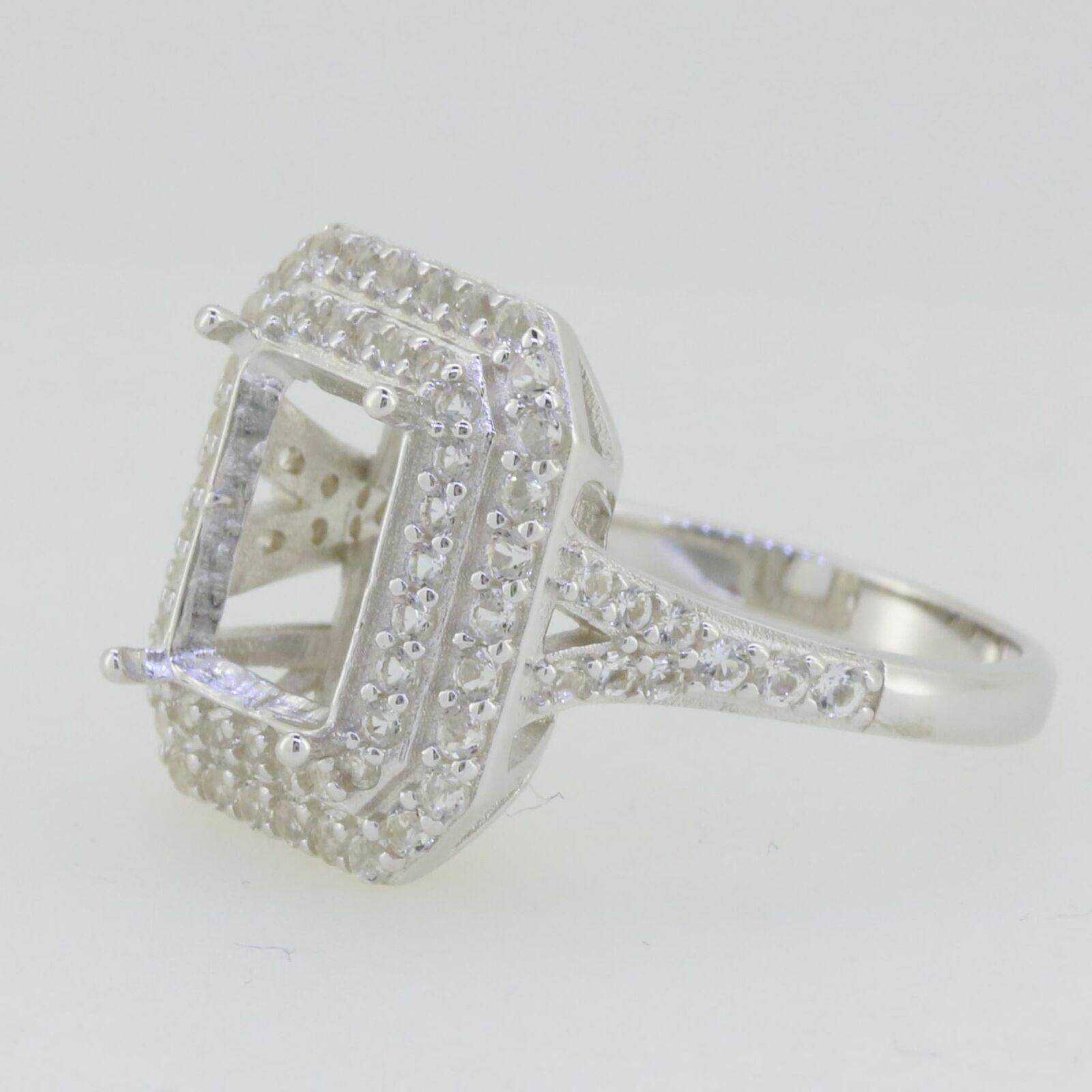 Sterling Silver Semi Mount Ring Setting Emerald OCT 10x8mm Double Halo - Syzjewelry