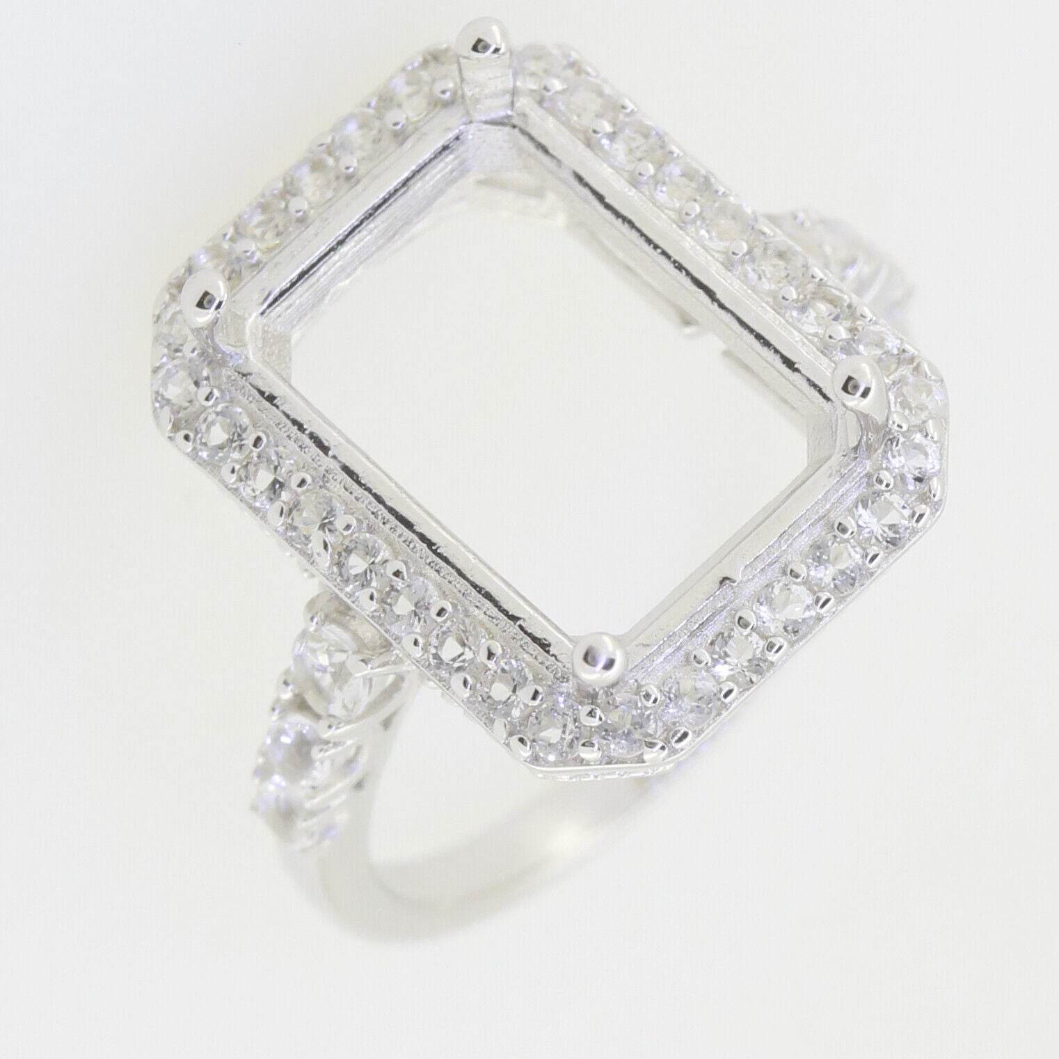 Sterling Silver Semi Mount Ring Setting Emerald OCT 14x10mm Halo White Topaz - Syzjewelry