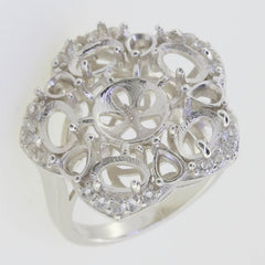 Sterling Silver Semi Mount Ring Setting RD10x10mm OV 6x4mm PE 4x3mm Halo Mounting for Pearl - Syzjewelry