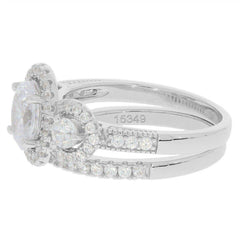 2 PC Set Sterling Silver Semi Mount Ring Setting Oval OV 8x6mm RD 3x3mm 3 stones Halo Bridal Ring - Syzjewelry