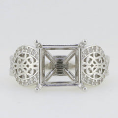 Sterling Silver Semi Mount Ring Setting Princess SQ 10x10mm Filigree Style R575 - Syzjewelry