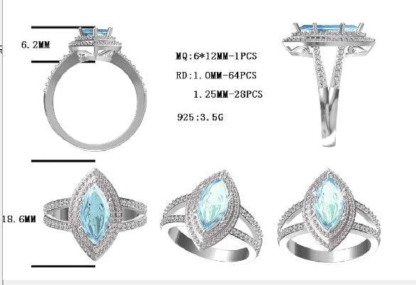 Sterling Silver Semi Mount Ring Setting Marquise MQ 12X6mm Double Halo Split Shank - Syzjewelry