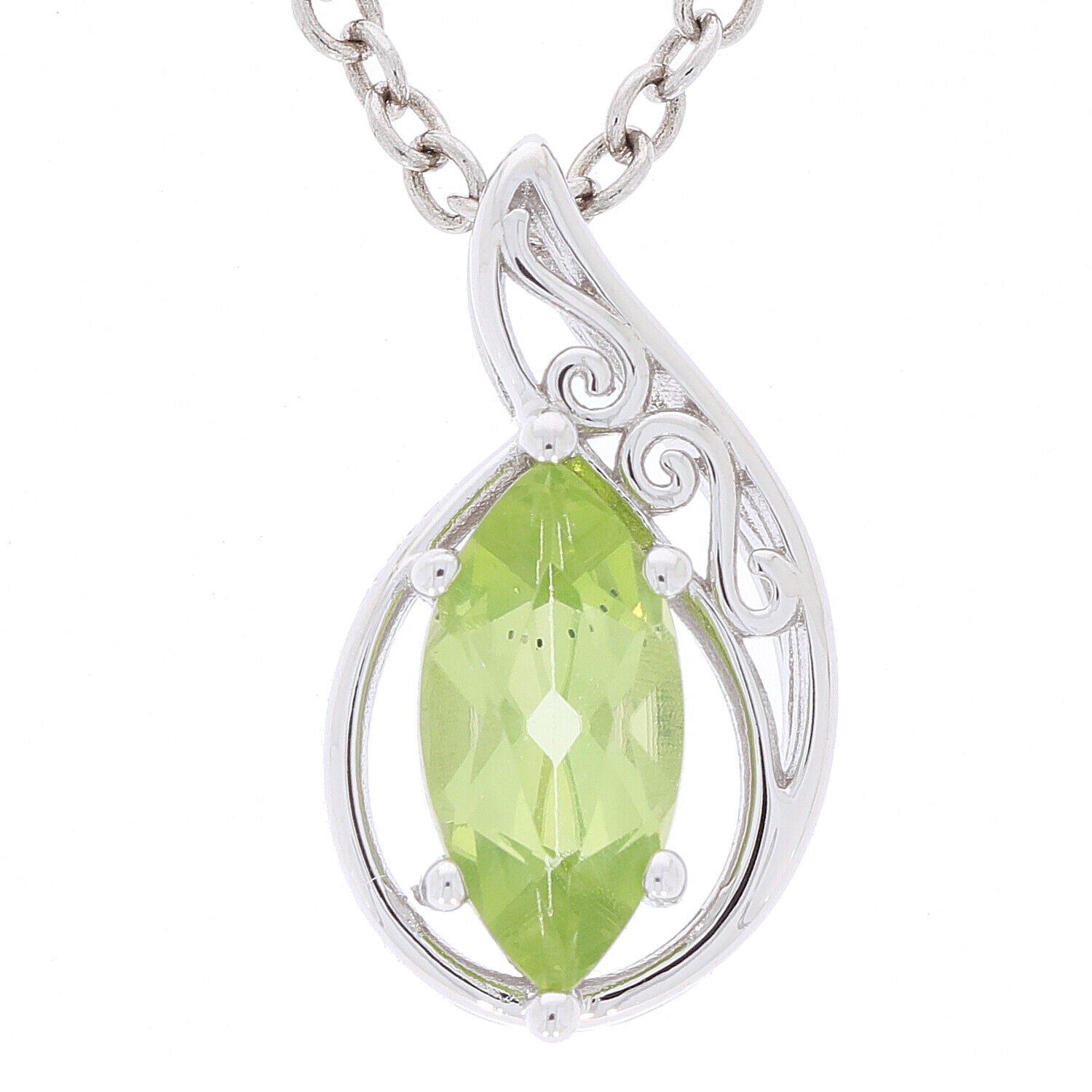 Sterling silver pendant setting featuring a marquise green gemstone with intricate floral design.