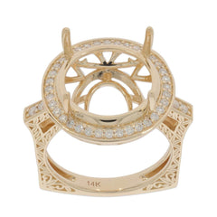 14K Yellow Gold Diamond semi Mount Ring Setting Round RD 15x15mm Halo Old Euro - Syzjewelry