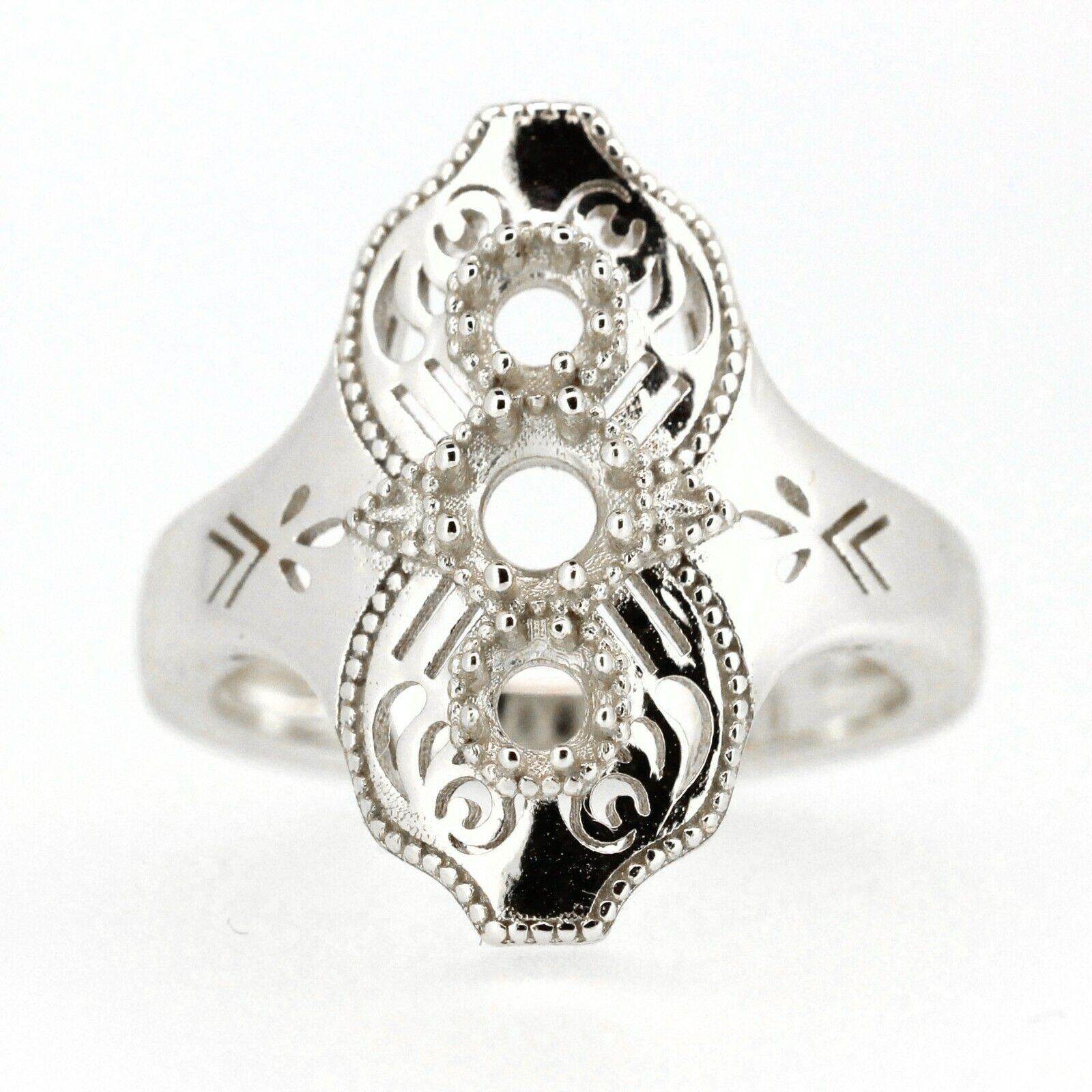 Art Deco Style Sterling Silver Semi Mount Ring Setting Round Rd 4x4 3x3mm - Syzjewelry