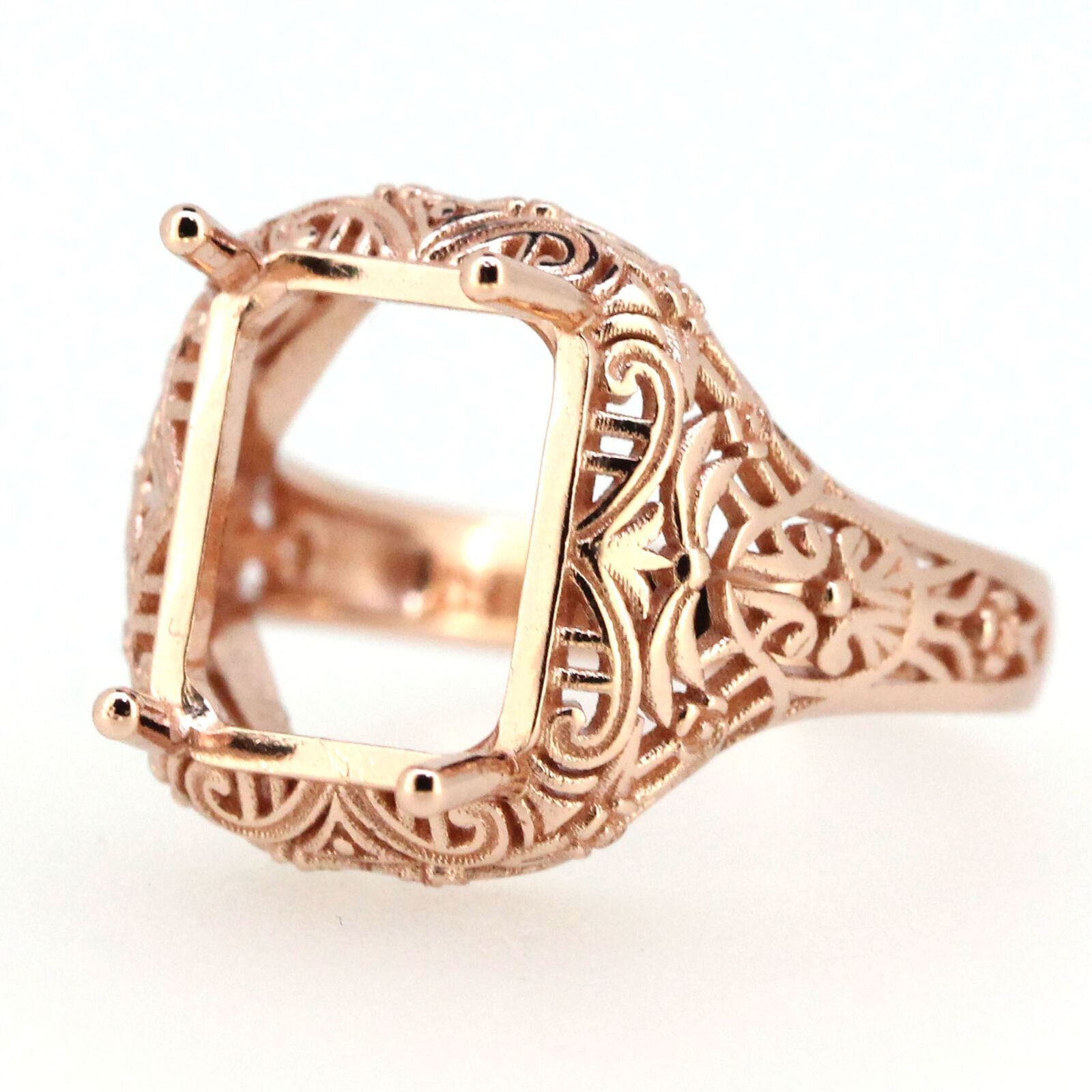 Art Deco Style 14K Rose Gold Semi Mount Ring Setting Emerald OCT 11x9mm