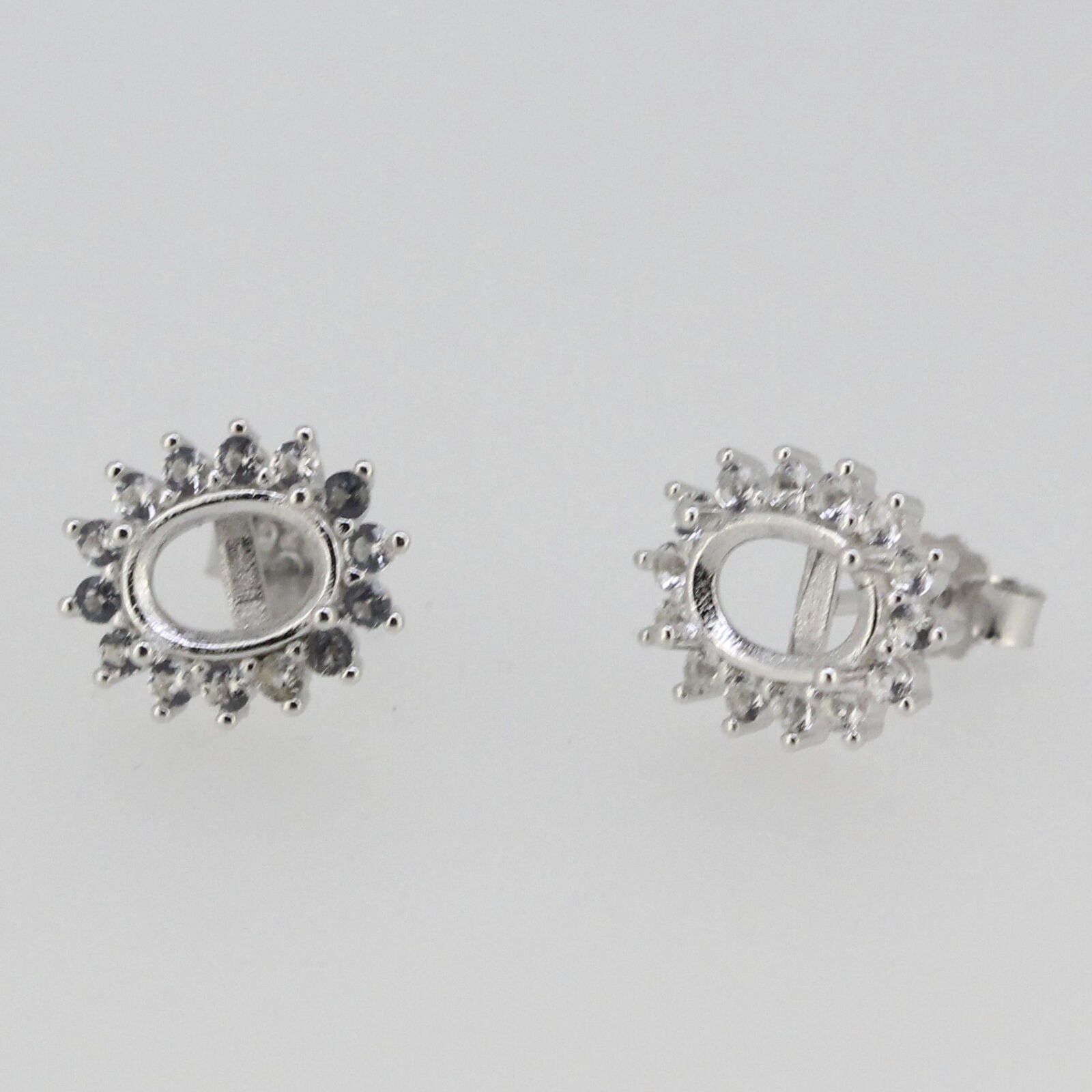 Sterling Silver Semi Mount Earrings Setting Oval OV 7x5mm Stud with White Topaz
