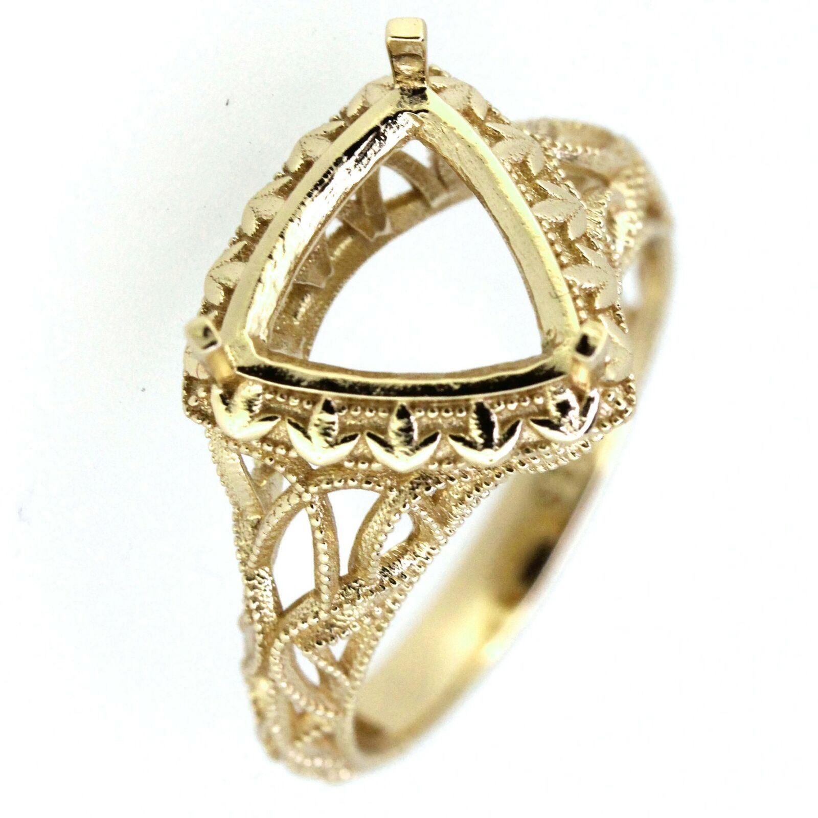 Art Deco Style 14K Yellow Gold Semi Mount Ring Setting Trillion Tri 7x7mm